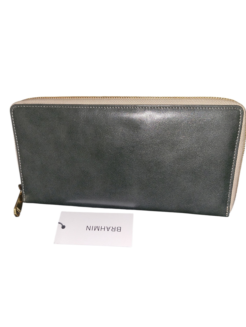 Brahmin Skyler  Leather Clutch W/ Extendable Wristlet Dark Green with Tan Trim